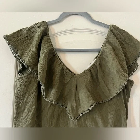 LOFT Olive Ruffle Blouse Cotton Womens Size XS - Picture 6 of 11